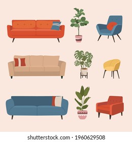 Interior set. Cozy living room. Flat vector cartoon  illustration.