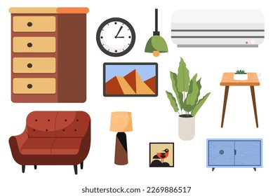 Interior set and furniture set Icons flat illustration