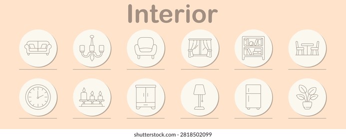 Interior set icon. Comfortable sofa, decorative chandelier, cushioned armchair, window curtains, wooden bookshelf, dining furniture, circular clock, candle holder, standing lamp collection.