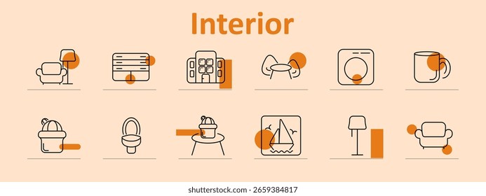 Interior set icon. Sofa, lamp, drawer, cabinet, chair, washing machine, mug, cactus, toilet, picture, table, and light fixture icons drawn in modern outlined style