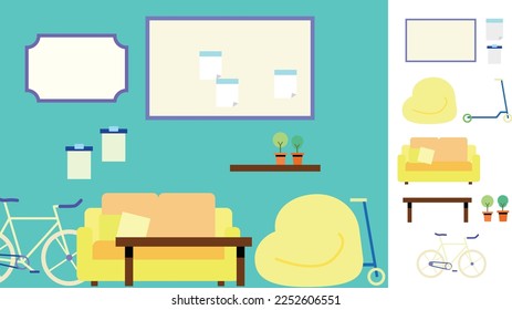 Interior set, leisure play room, resting room, meeting room in company