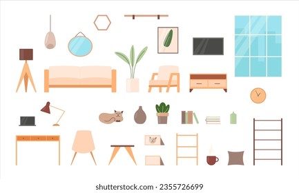 Conjunto interior de muebles y accesorios de sala. Los elementos de la casa incluyen una oficina y una zona de relax con sofá, sillón, tv y gato. Ilustración plana vectorial en estilo de caricatura minimalista