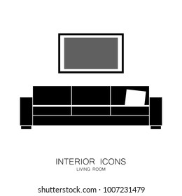 Interior Set for Living Room with Sofa and Big Photo Frame. Black Simple Icons isolated on White Background. Vector Illustraion. Living Room Design Elements for Architects