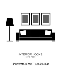 Interior Set for Living Room with Sofa,  Lamp and Photo Frames. Black Simple Icons isolated on White Background. Vector Illustraion. Living Room Design Elements for Architects