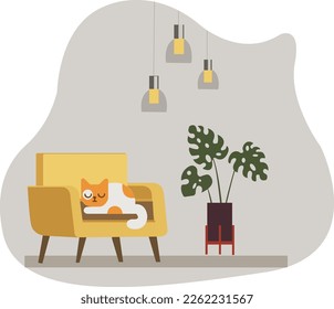 Interior set, Sofa and plants, Comfortable chair, Lamp and house plant, Flat vector illustration, Interior design