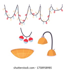 Interior set with two types of garland, ceiling light and table lamp. Home decoration lamp object in flat style. Vector cartoon flat illustration isolated on white background.