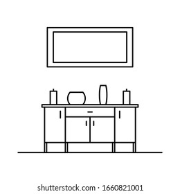 Interior with shelf, window, cup, pot, bedside table. Vector Interior with shelf, window, cup, pot, bedside table in outline style isolated on white background. Element for web, game and advertising