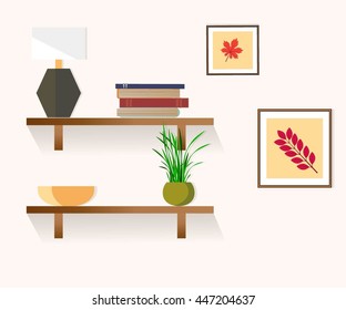  Interior. Shelves on the beige wall.