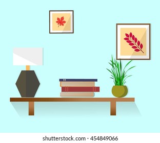 Interior. Shelves on the green wall.