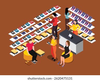 interior of a shoe store with shelves displaying various footwear, customers trying on shoes, and staff assisting them at a checkout counter 3d isometric illustration