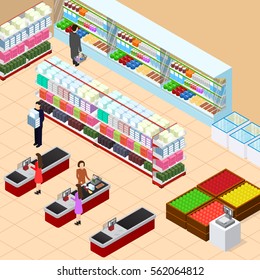 Interior Shop with Furniture Shop Shelves Set and Cash Register Terminal Isometric View. Vector illustration