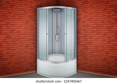 Interior of Shower corner cabine and Red brick wall bathroom. Vector Illustration.