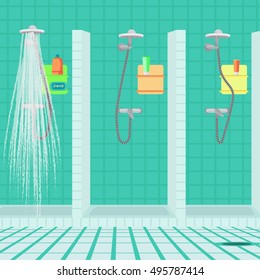 Interior Of The Shower Room At The Sports Club. Public Showers At The Swimming Pool. Vector Flat Cartoon Illustration