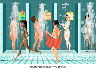 Interior of the shower room at the swimming pool sports club. Women wash in the showers at the spa salon. Vector flat cartoon illustration