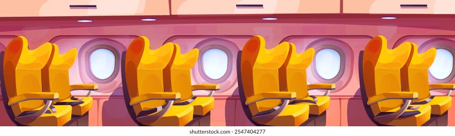 Vista lateral interior de la cabina de la aeronave con filas de Vacantes amarillas, ventanas ovaladas de ojo de buey y paneles de iluminación superior. Sección de avión comercial de pasajeros para viajes o diseños temáticos de transporte.