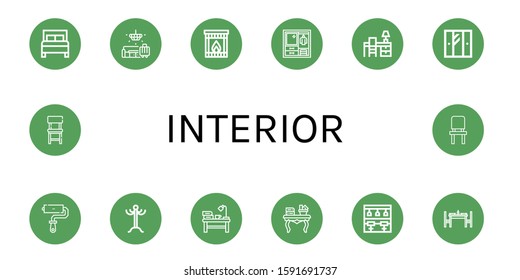interior simple icons set. Contains such icons as Bed, Lobby, Fireplace, Wardrobe, Desk, Roller paint, Coat rack, Coffee table, Bar stool, can be used for web, mobile and logo