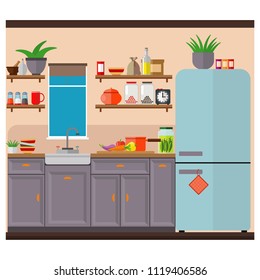 The interior of a simple kitchen with fridge, cabinets and sink. Vector illustration.