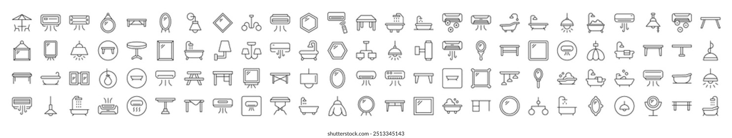 Interior Simple Linear Illustrations. Contains Icons of Conditioner, Mirror, Table, Lamp, Chandelier, Bathroom that Can Be Used for Design of Cards, Posts, Apps, Web Sites