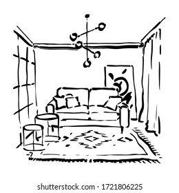 Interior sketch. Drawing of the living room. Home interior with a sofa. Vector illustration.