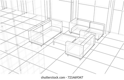 Interior sketch drawing perspective of space office. Vector rendering of 3d. Wire-frame style. The layers of visible and invisible lines are separated