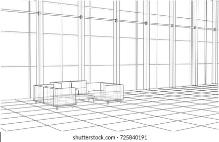 Innenansicht der Skizze des Raumbüros. Vektorgrafik von 3D. Drahtmodell. Die Schichten der sichtbaren und der unsichtbaren Linien sind getrennt