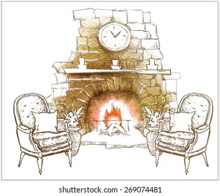 Interior sketch of fireplace