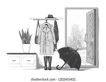 

Interior sketch of the hall with an open door and a rainy landscape. 
Open door, umbrella, gumboots, clothes on a hanger and houseplant in a pot.Hand-drawn vector illustration in vintage style.