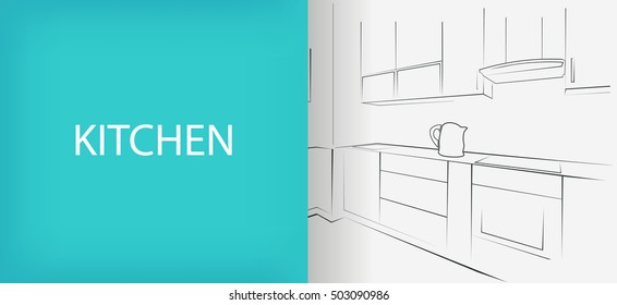 Interior sketch of kitchen, banner, poster