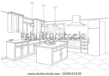 Interior sketch of kitchen room. Outline blueprint design of kitchen with modern furniture and island