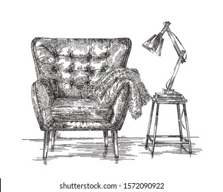 interior sketch illustration,​ leather chair​ with table lamp​ ink​ drawing​ on​ white​ back​ground