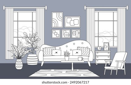 Interior sketch. Line illustration. Cozy living room interior with windows. Sofa and armchair, coffee table, vase and cups. Cabinet with household accessories. Flowers and books, paintings on the wall