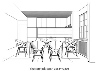 Interior sketch of modern kitchen