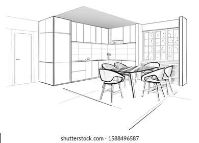 Interior Sketch Modern Kitchen Stock Vector (Royalty Free) 1588496587 ...