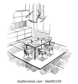 Interior sketch of modern kitchen with dining zone.