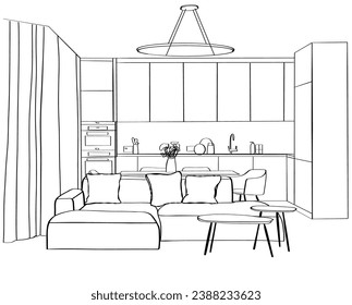 Interior sketch of modern kitchen. Dinner table with chair