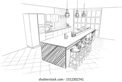 Interior sketch of modern kitchen with island.