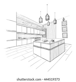 Interior sketch of modern kitchen with island.