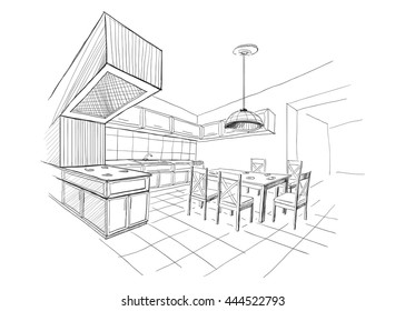 Interior sketch of modern kitchen with island.