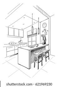 Interior sketch of modern kitchen with island.