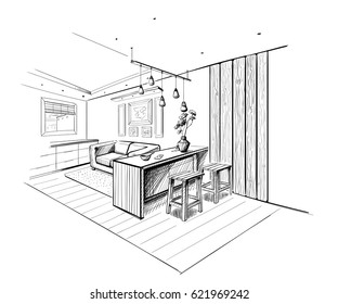 Interior sketch of modern kitchen with island.