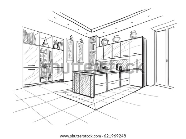 Interior Sketch Modern Kitchen Island Stock Vector (royalty Free) 621969248