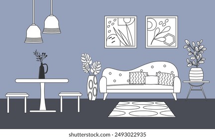 Boceto interior de una sala de estar moderna. Un sofá, una mesa con taburetes, una lámpara de araña y plantas en macetas, cuadros en la pared. Para folletos, folletos, volantes, tiendas de muebles. Ilustración vectorial