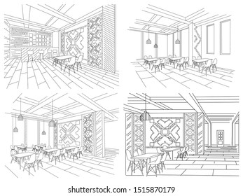 Interior sketch of Moldavian restaurant interior with local traditional ornaments