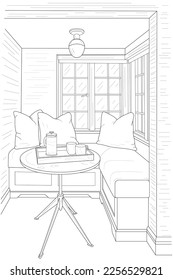 Interior. Sketch. A seating area by the window. Table, sofa, pillows. Black and white vector image.