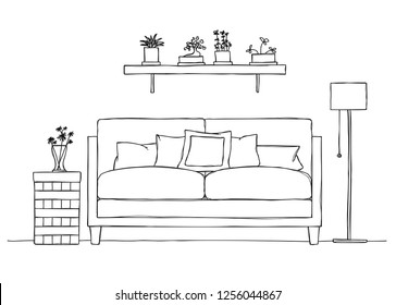 Interior in sketch style. Sofa, bedside table, floor lamp and shelf with plants. Vector