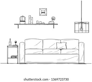 Interior in sketch style. Sofa, bedside table, lamp and shelf with plants. Vector