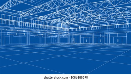 Interior sketch. Vector rendering of 3d. Wire-frame style. The layers of visible and invisible lines are separated