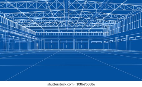 Interior sketch. Vector rendering of 3d. Wire-frame style. The layers of visible and invisible lines are separated