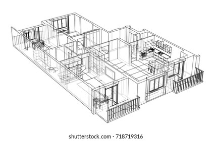 Interior sketch. Vector rendering of 3d. Wire-frame style. The layers of visible and invisible lines are separated