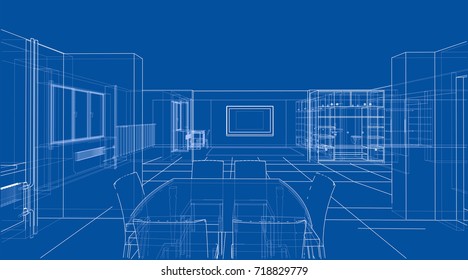 Interior sketch. Vector rendering of 3d. Wire-frame style. The layers of visible and invisible lines are separated